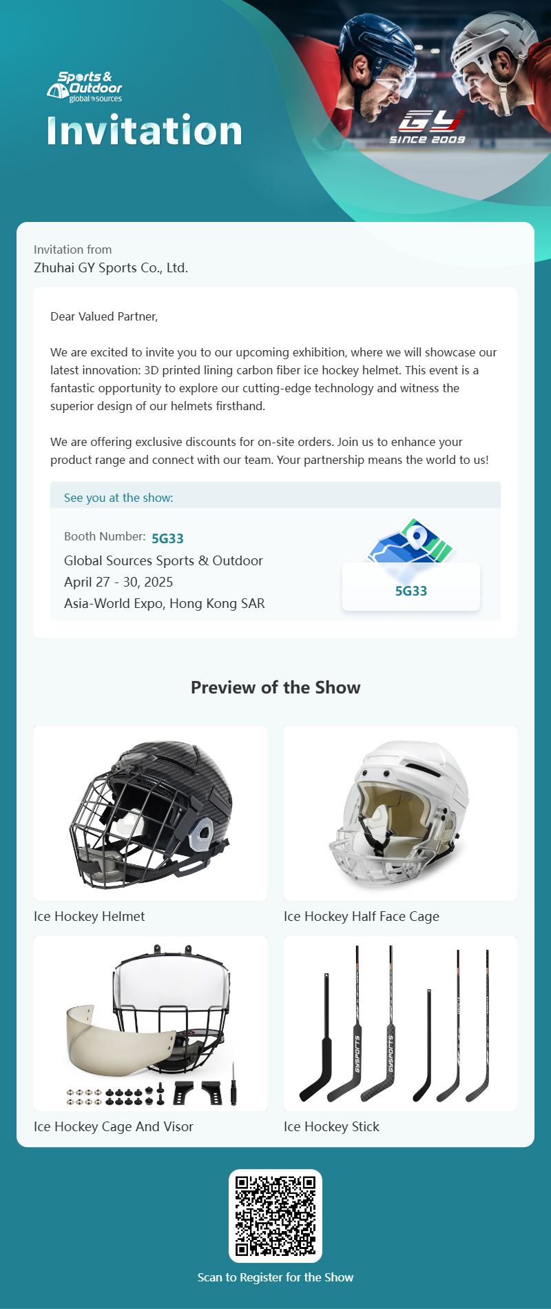 GY Global Sources Sports & Outdoor, 27-30 april 2025, Asia-World Expo, Hong Kong SAR, monternummer. 5G33